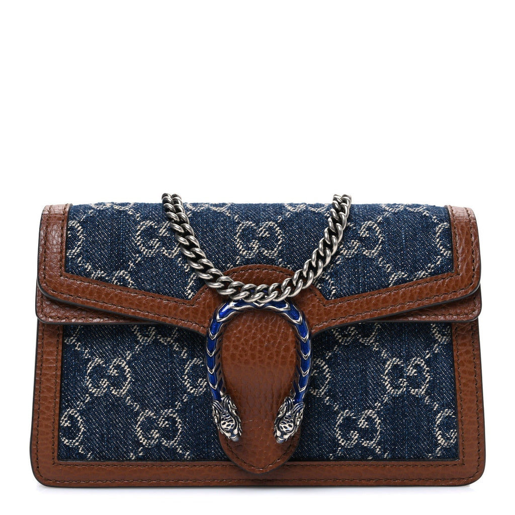 New Denim GG Monogram Dollar Calfskin Enamel Super Mini Dionysus Shoulder Bag Blue Tea Cuir Epilog Electric Blue