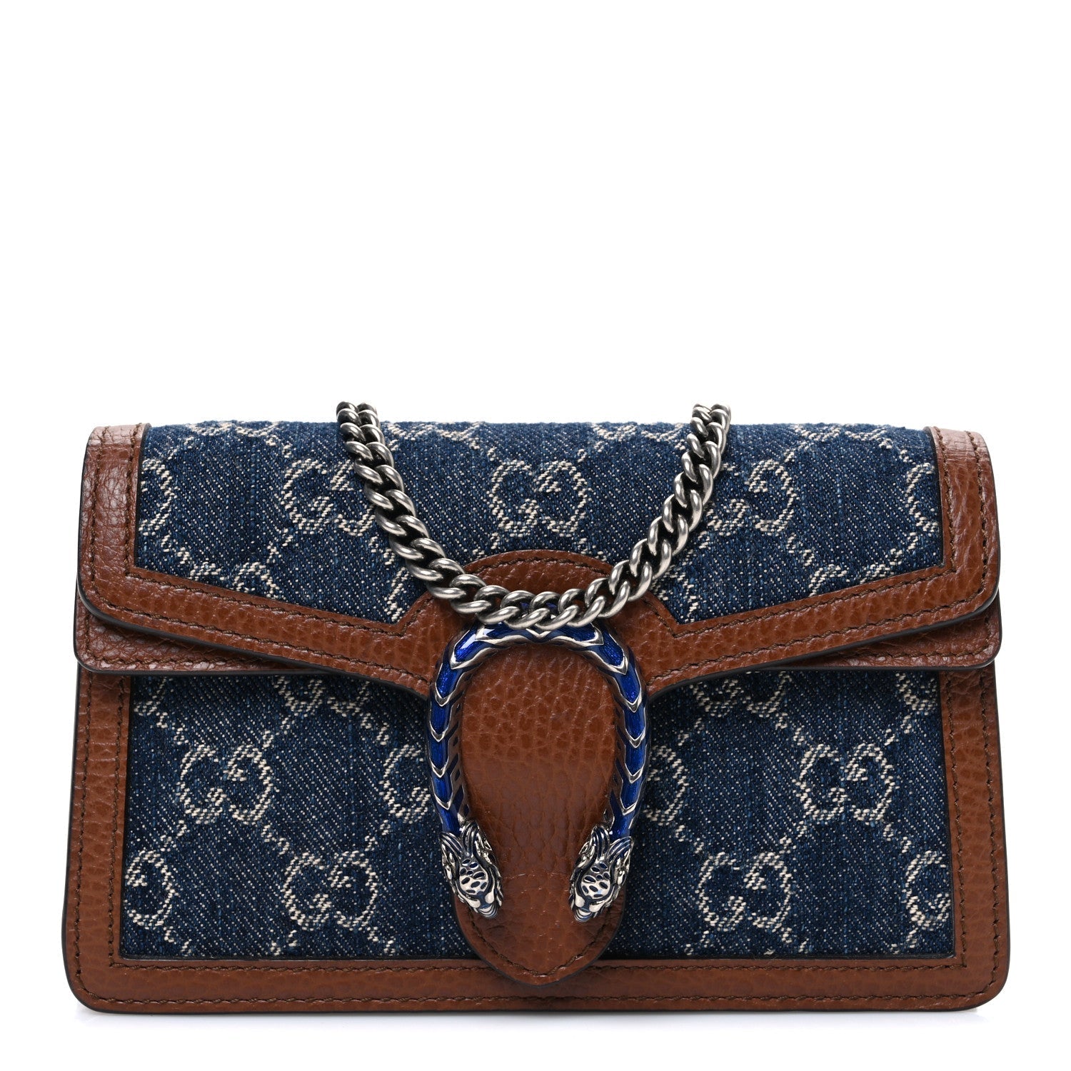 New Denim GG Monogram Dollar Calfskin Enamel Super Mini Dionysus Shoulder Bag Blue Tea Cuir Epilog Electric Blue