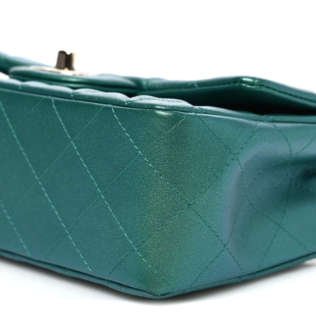 Iridescent Lambskin Quilted Mini Rectangular Flap Green