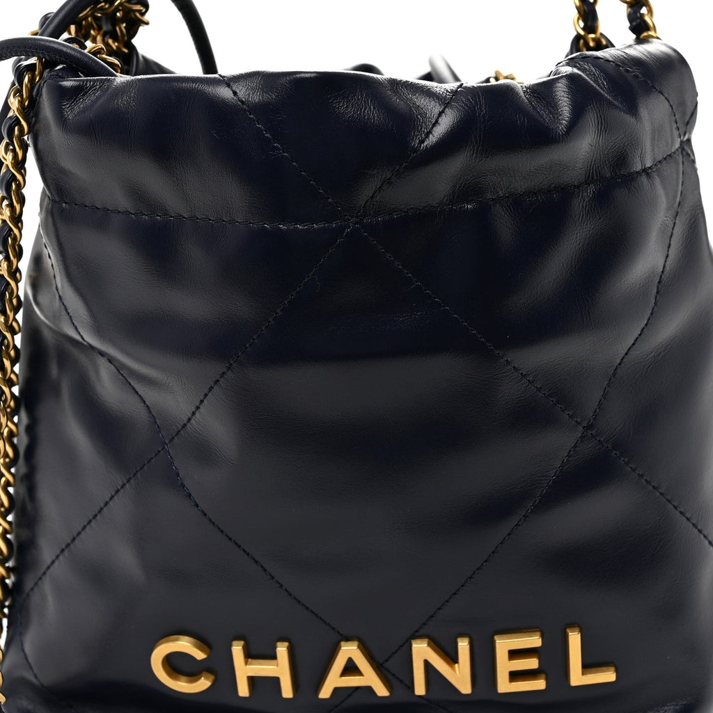 Shiny Calfskin Quilted Mini Chanel 22 Navy Blue