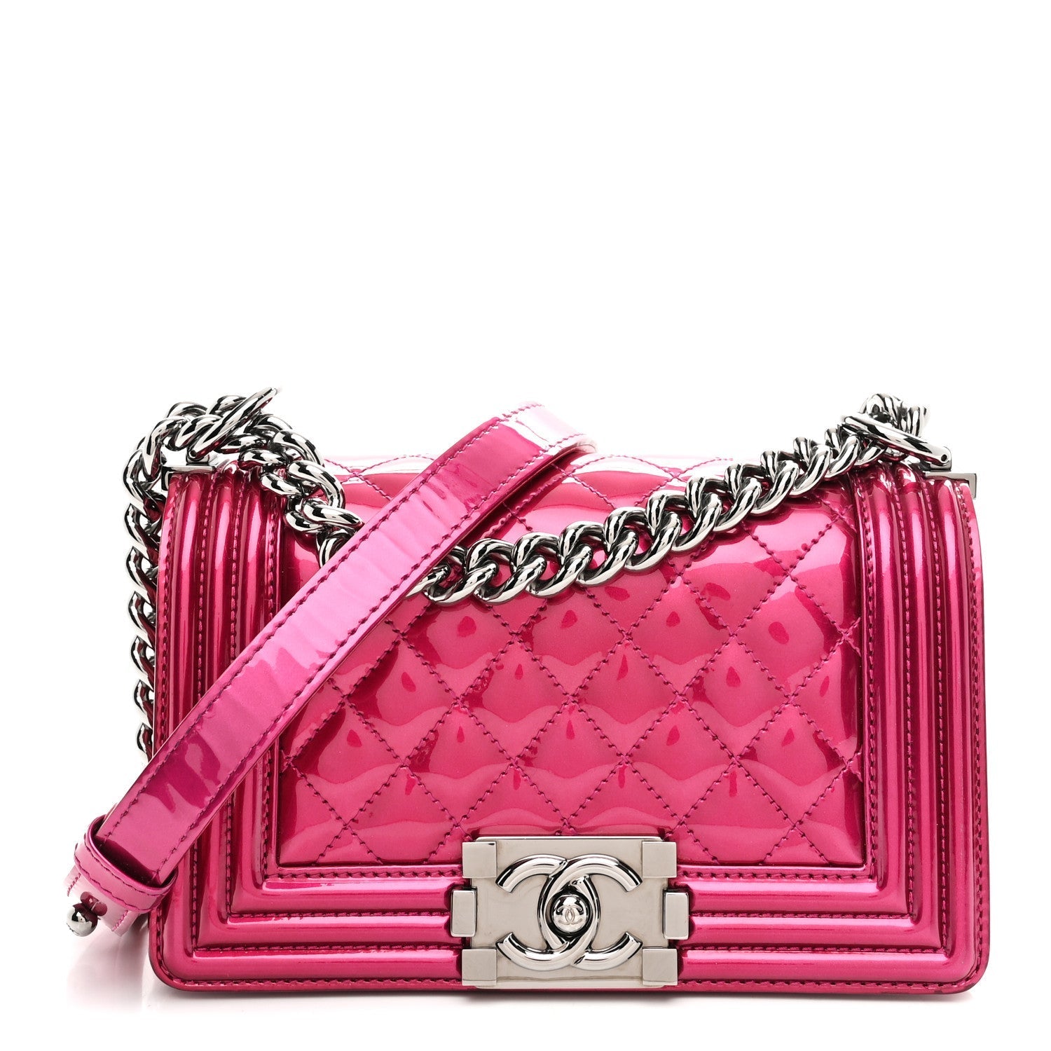 Metallic Patent Calfskin Quilted Small Boy Flap Pink