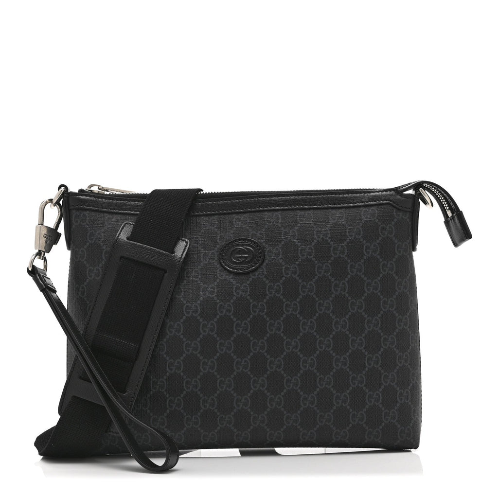 GG Supreme Monogram Azalea Calfskin Retro Interlocking G Wristlet Messenger Bag Black