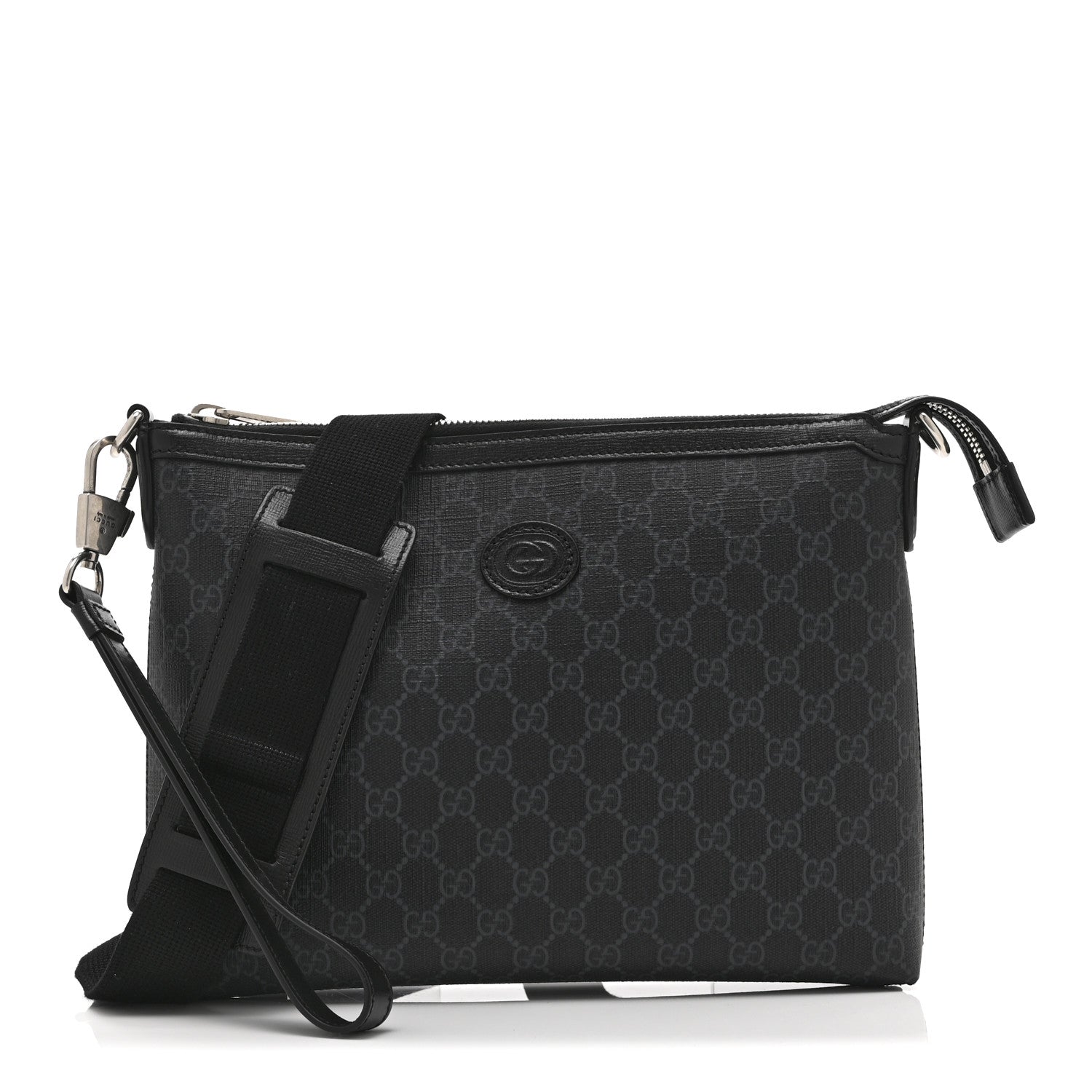 GG Supreme Monogram Azalea Calfskin Retro Interlocking G Wristlet Messenger Bag Black