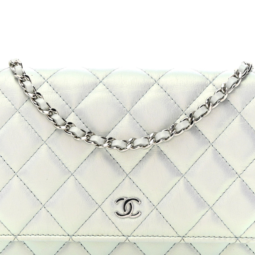 Iridescent Calfskin Quilted Wallet On Chain WOC Light Blue