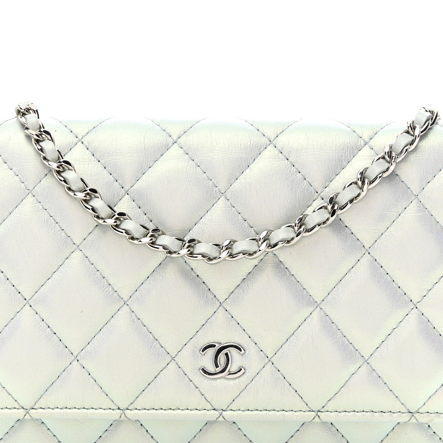 Iridescent Calfskin Quilted Wallet On Chain WOC Light Blue