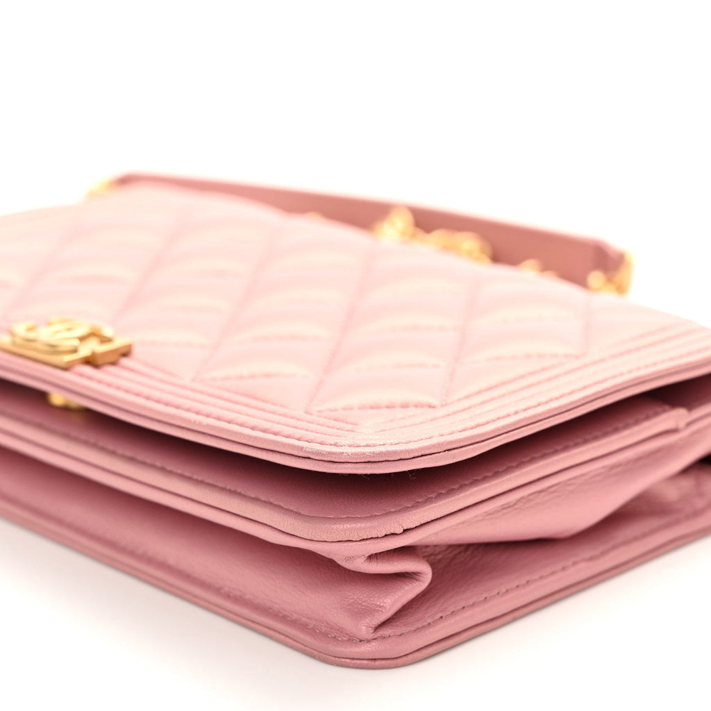 Metallic Lambskin Quilted Boy Wallet On Chain WOC Pink