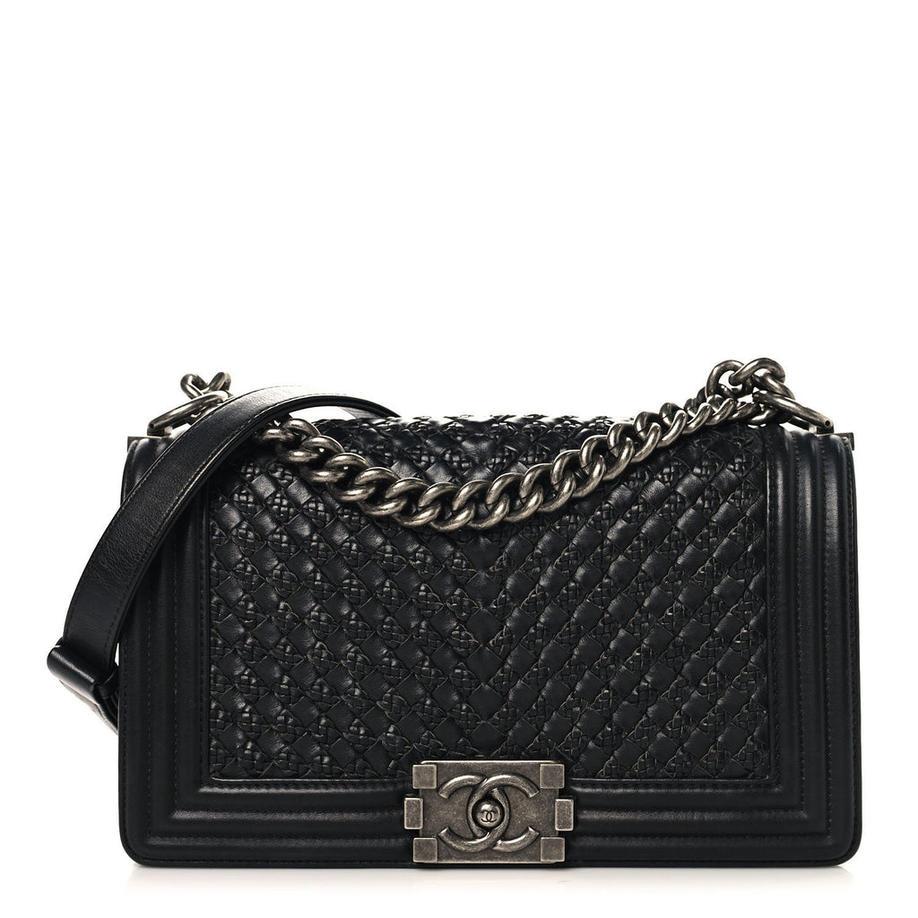Lambskin Braided Woven Medium Boy Flap Black