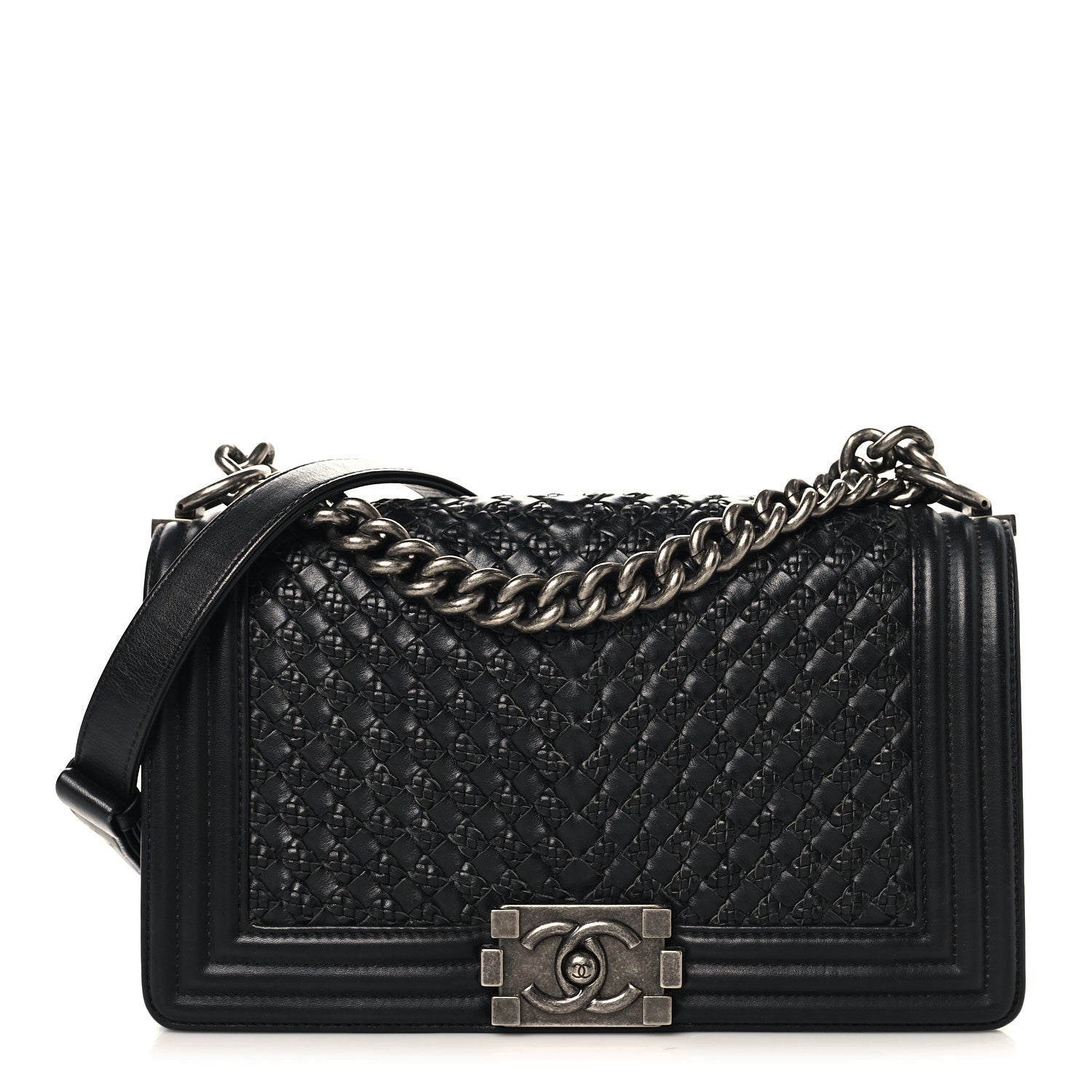 Lambskin Braided Woven Medium Boy Flap Black