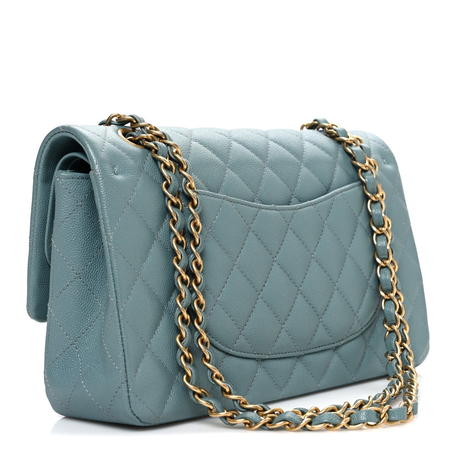 Iridescent Caviar Quilted Medium Double Flap Light Blue