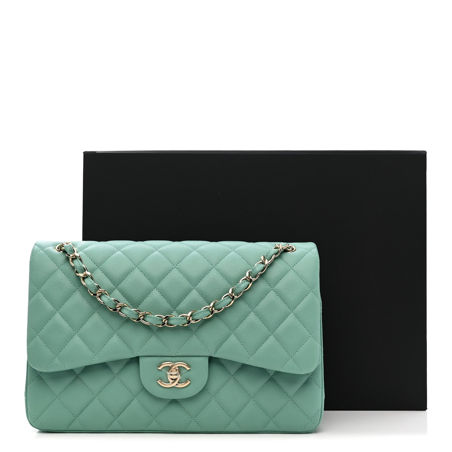 Caviar Quilted Jumbo Double Flap Light Green