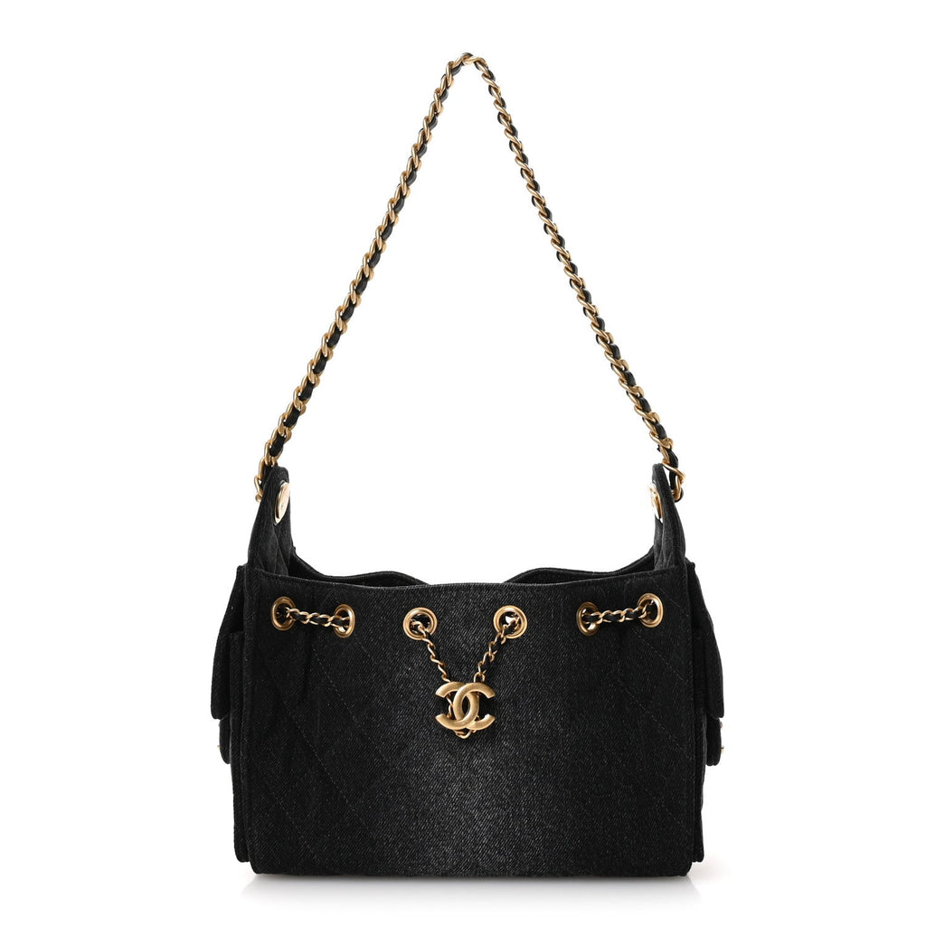 Washed Denim Quilted Mini Chanel 25 Handbag Black