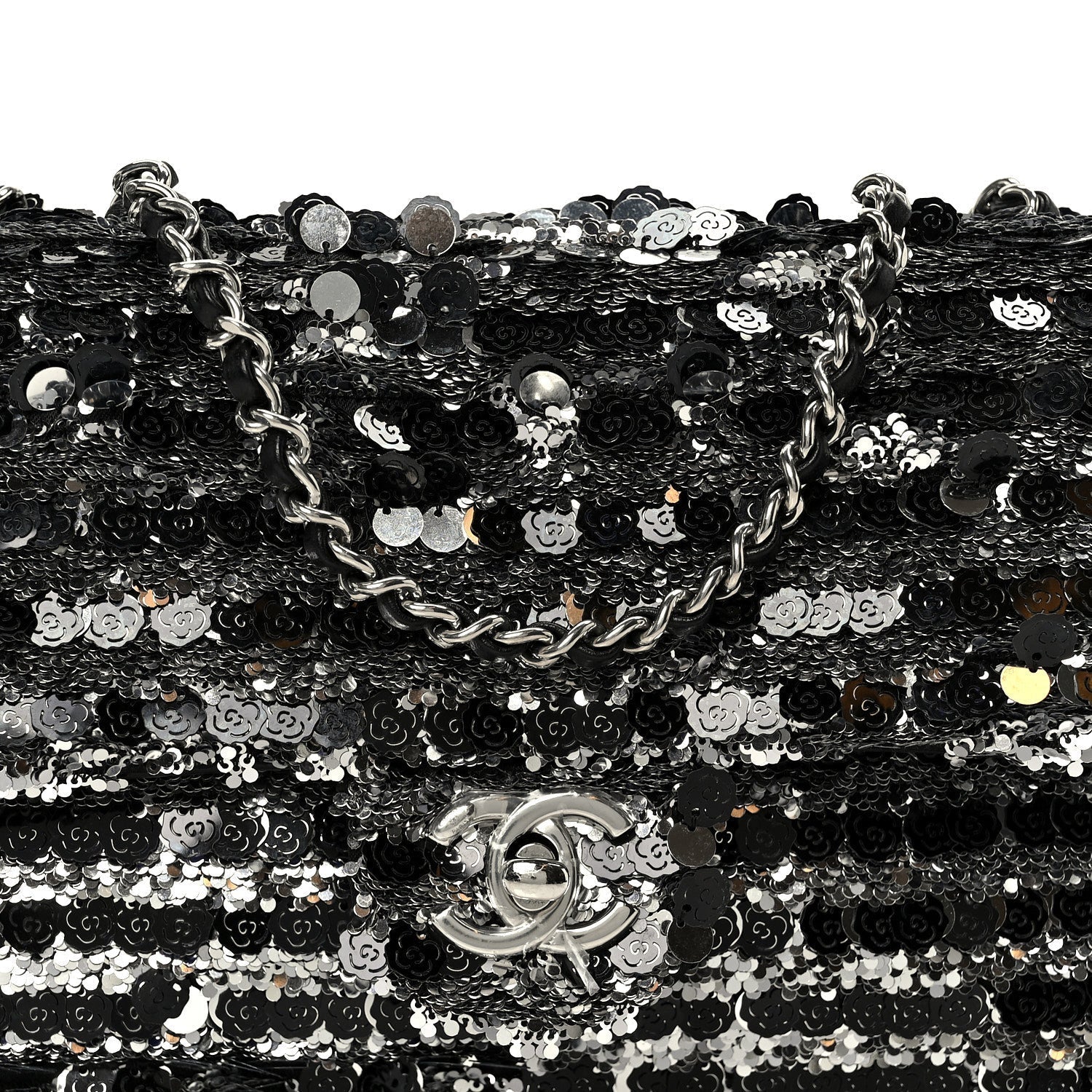 Sequin Camellia Small Single Flap Silver Black