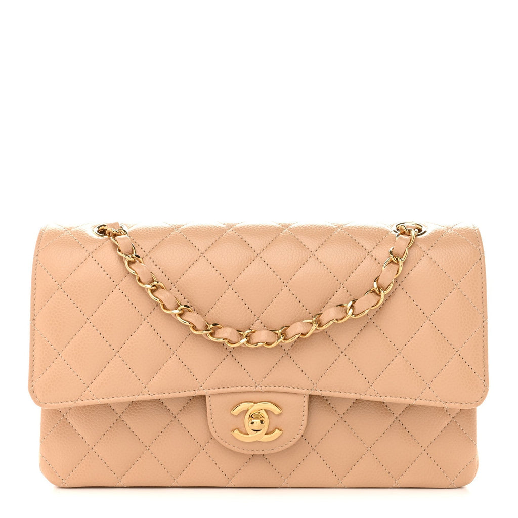 Caviar Quilted Medium Double Flap Beige