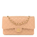 Caviar Quilted Medium Double Flap Beige