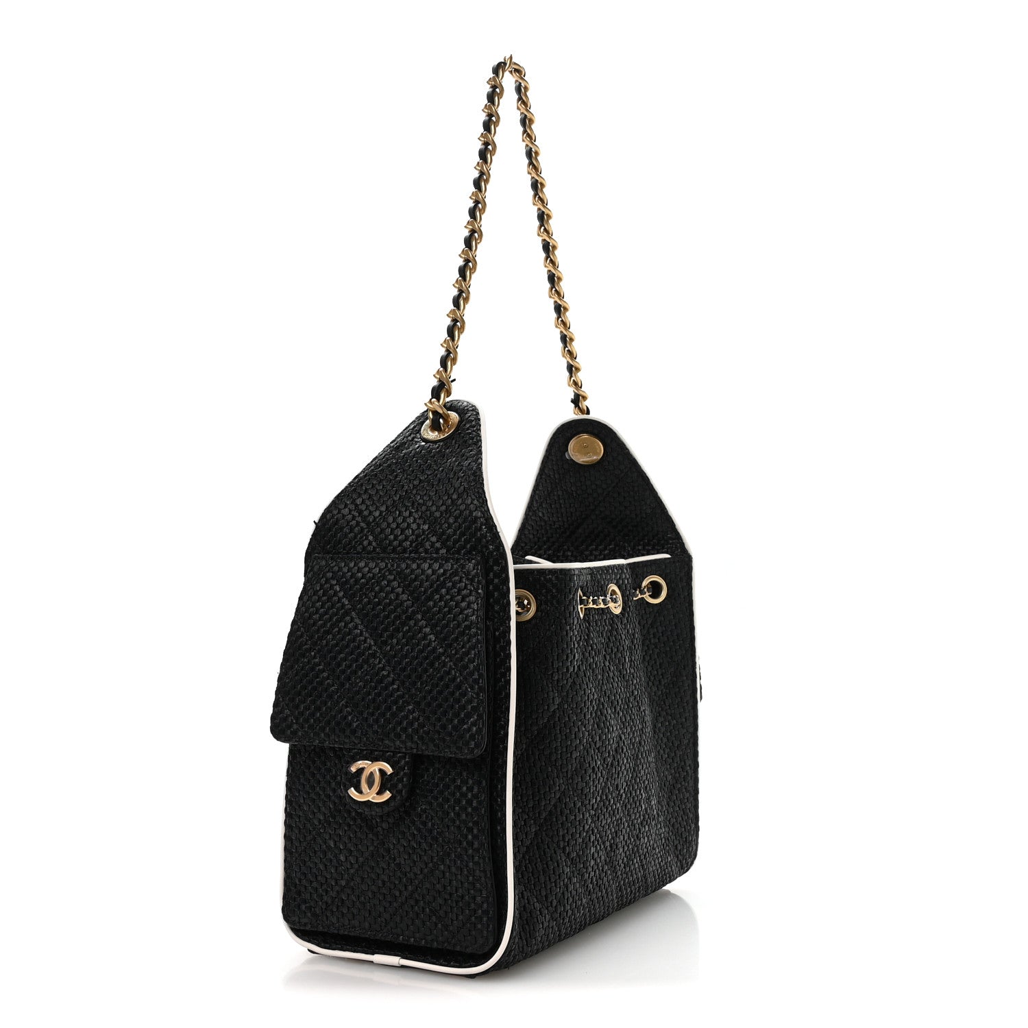 Braided Raffia Calfskin Small Chanel 25 Handbag Black White