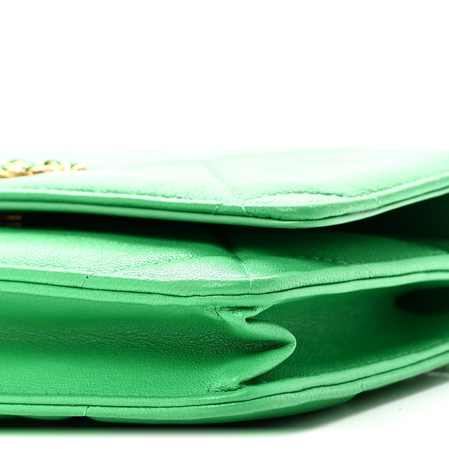 Shiny Goatskin Quilted Chanel 19 Wallet On Chain WOC Green