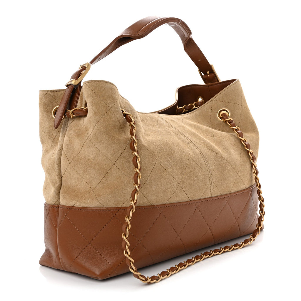 Suede Calfskin Shiny Lambskin Quilted Small Coco Base Shopping Bag Beige Camel