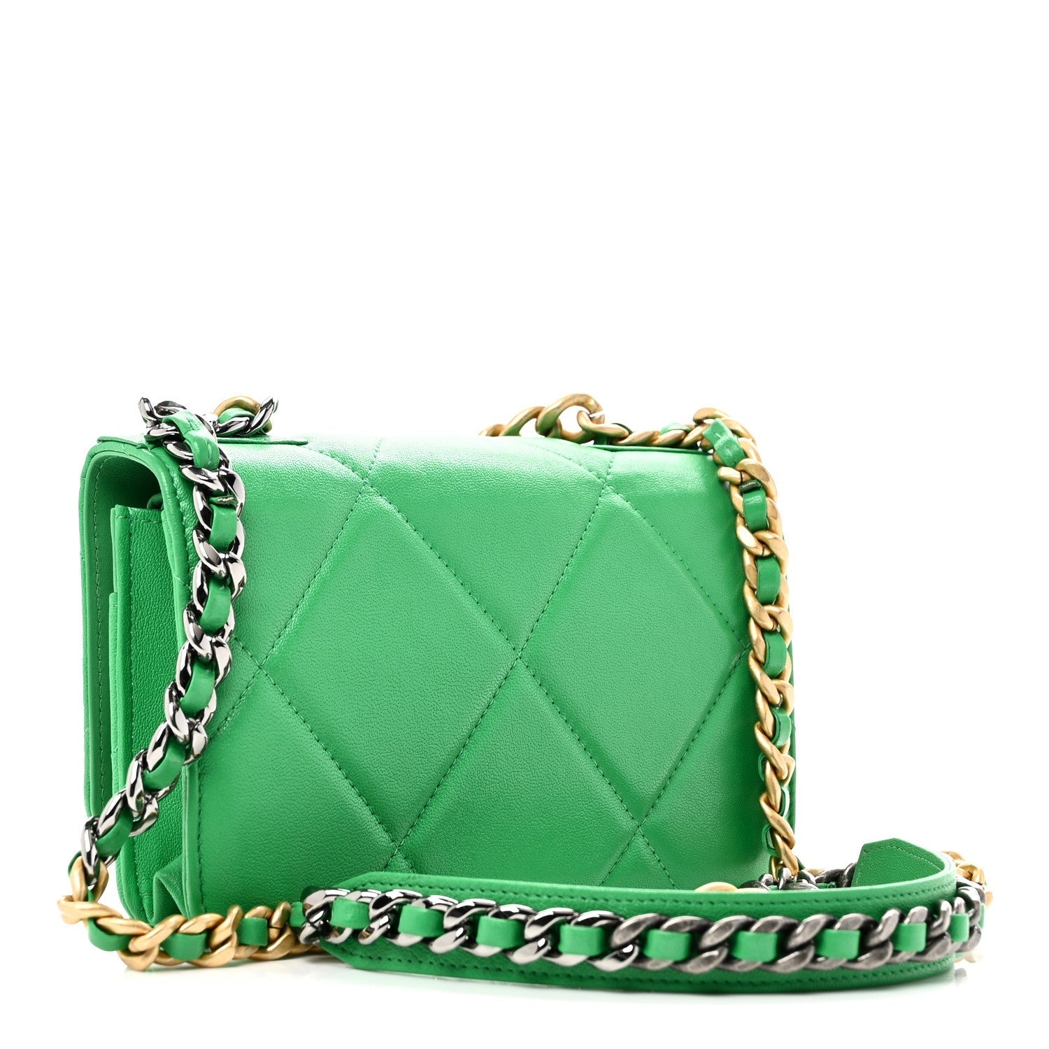 Shiny Goatskin Quilted Chanel 19 Wallet On Chain WOC Green