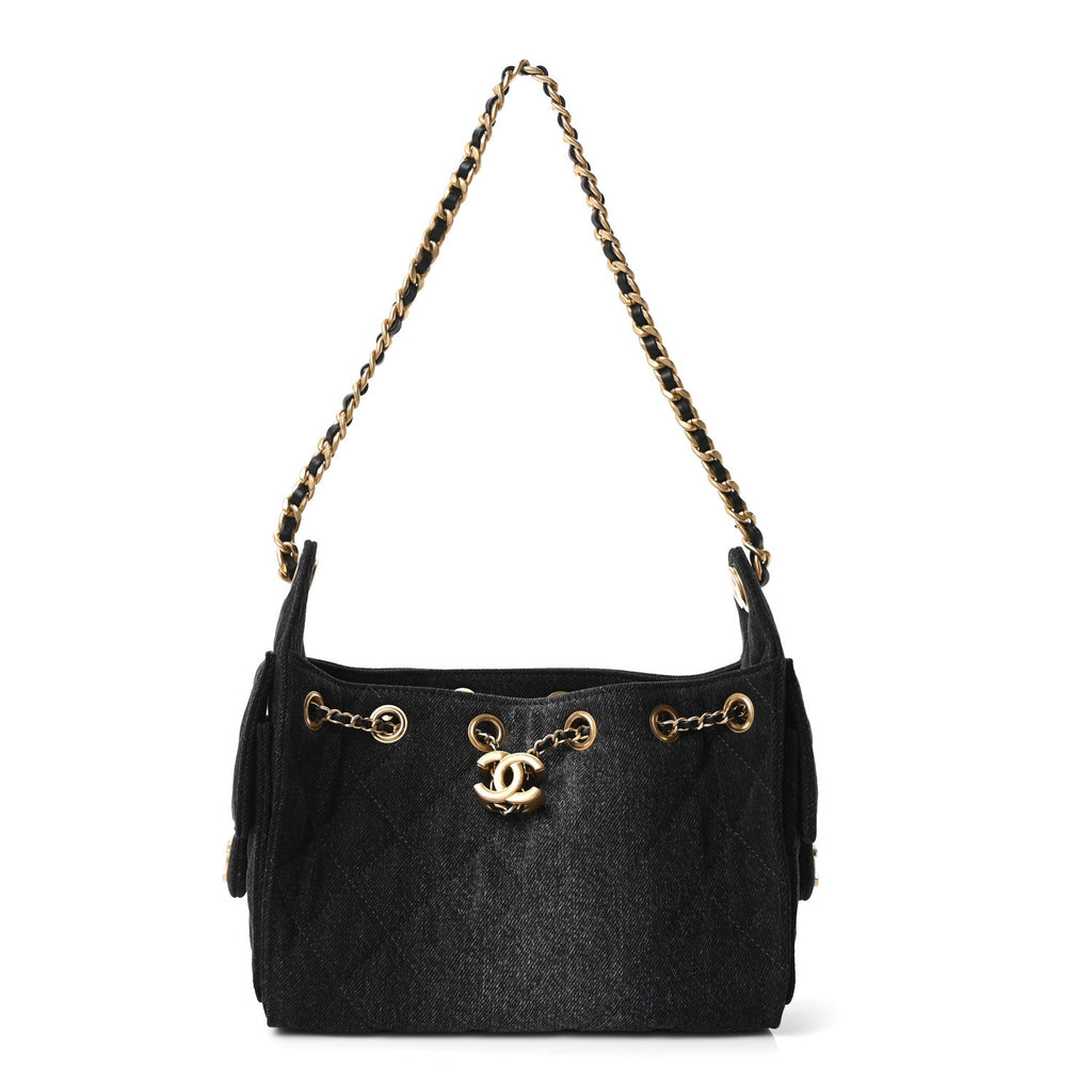 Washed Denim Quilted Mini Chanel 25 Handbag Black