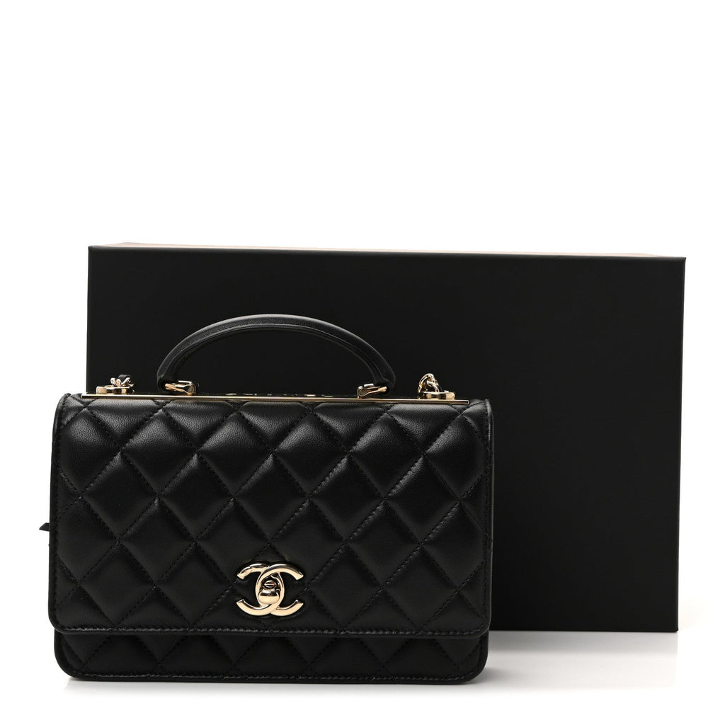 Lambskin Quilted Top Handle Trendy CC Wallet On Chain WOC Black