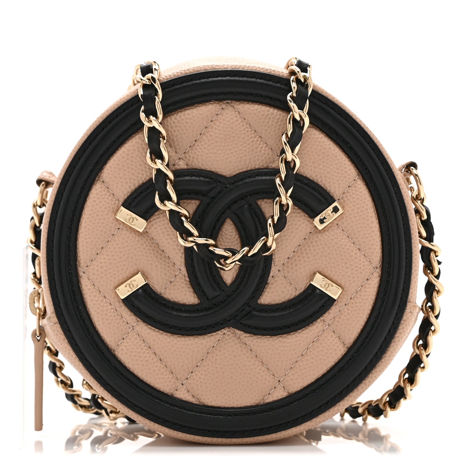 Caviar Quilted Round Filigree Crossbody Beige Black