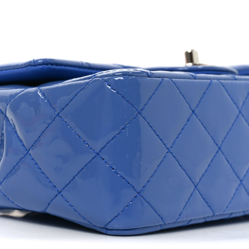 Patent Calfskin Quilted Mini Rectangular Flap Blue