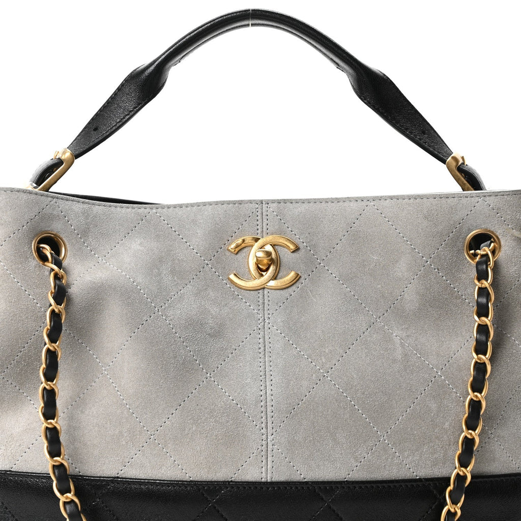 Suede Calfskin Shiny Lambskin Quilted Small Coco Base Shopping Bag Grey Black