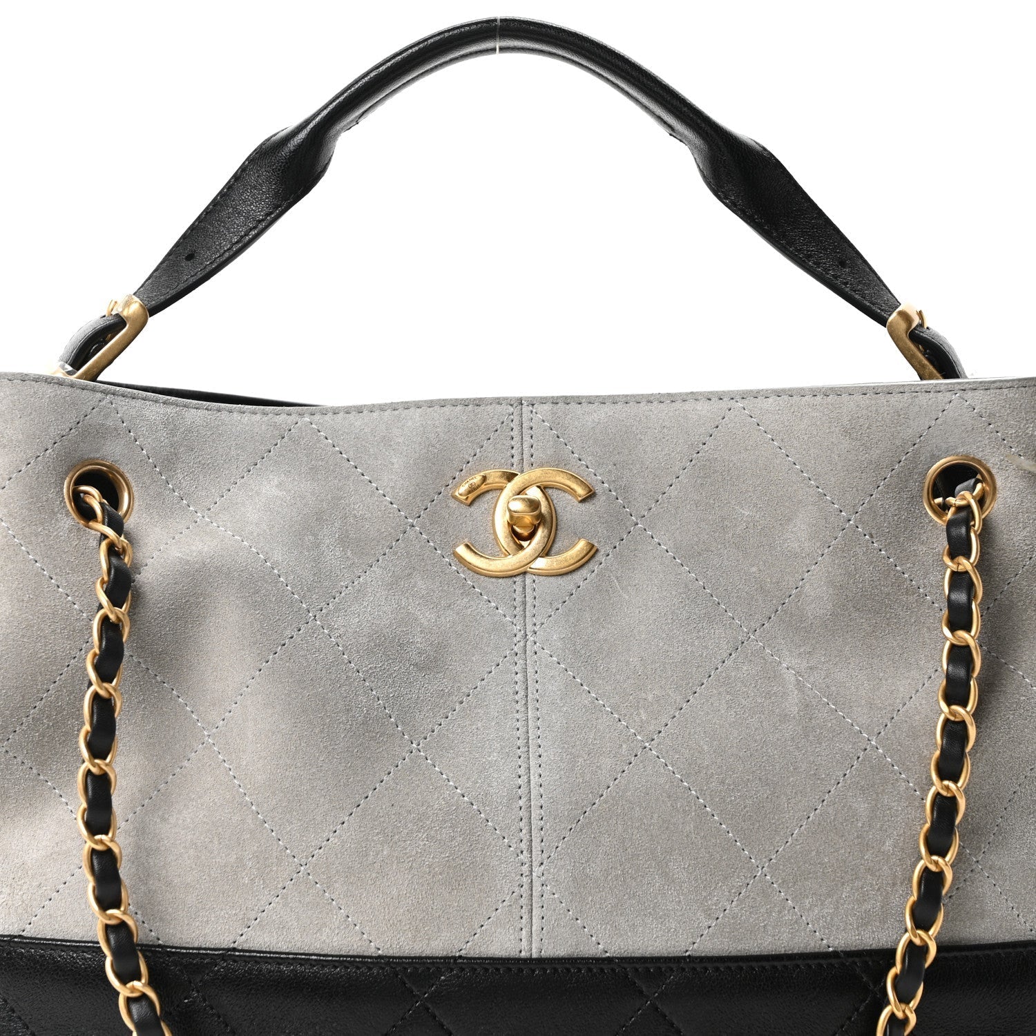 Suede Calfskin Shiny Lambskin Quilted Small Coco Base Shopping Bag Grey Black