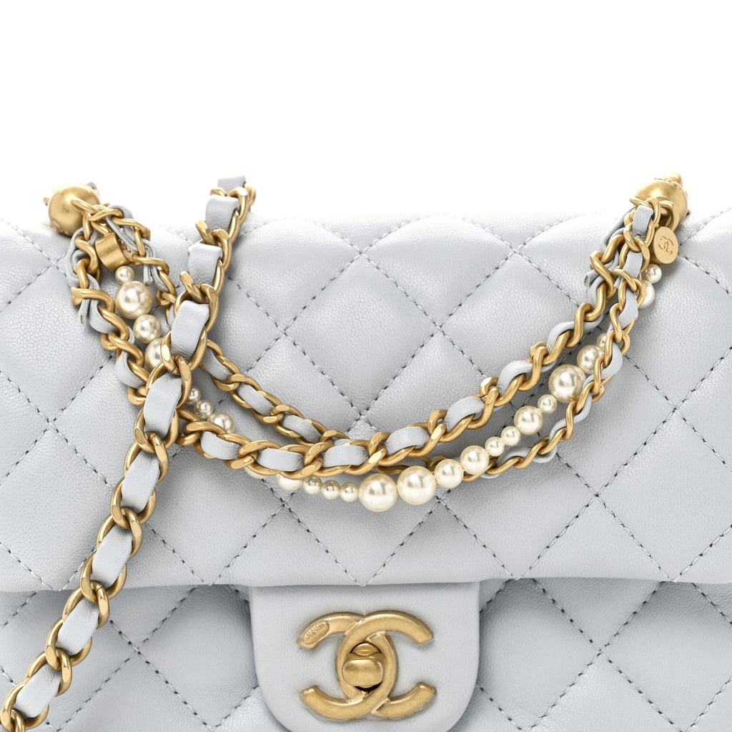 Shiny Lambskin Quilted Pearl Twist Mini Square Flap Light Blue
