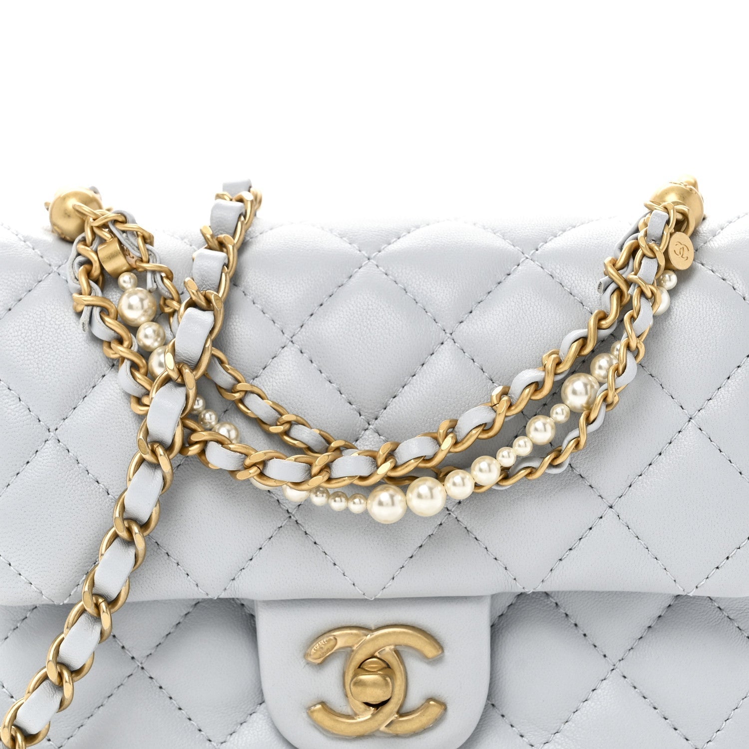 Shiny Lambskin Quilted Pearl Twist Mini Square Flap Light Blue