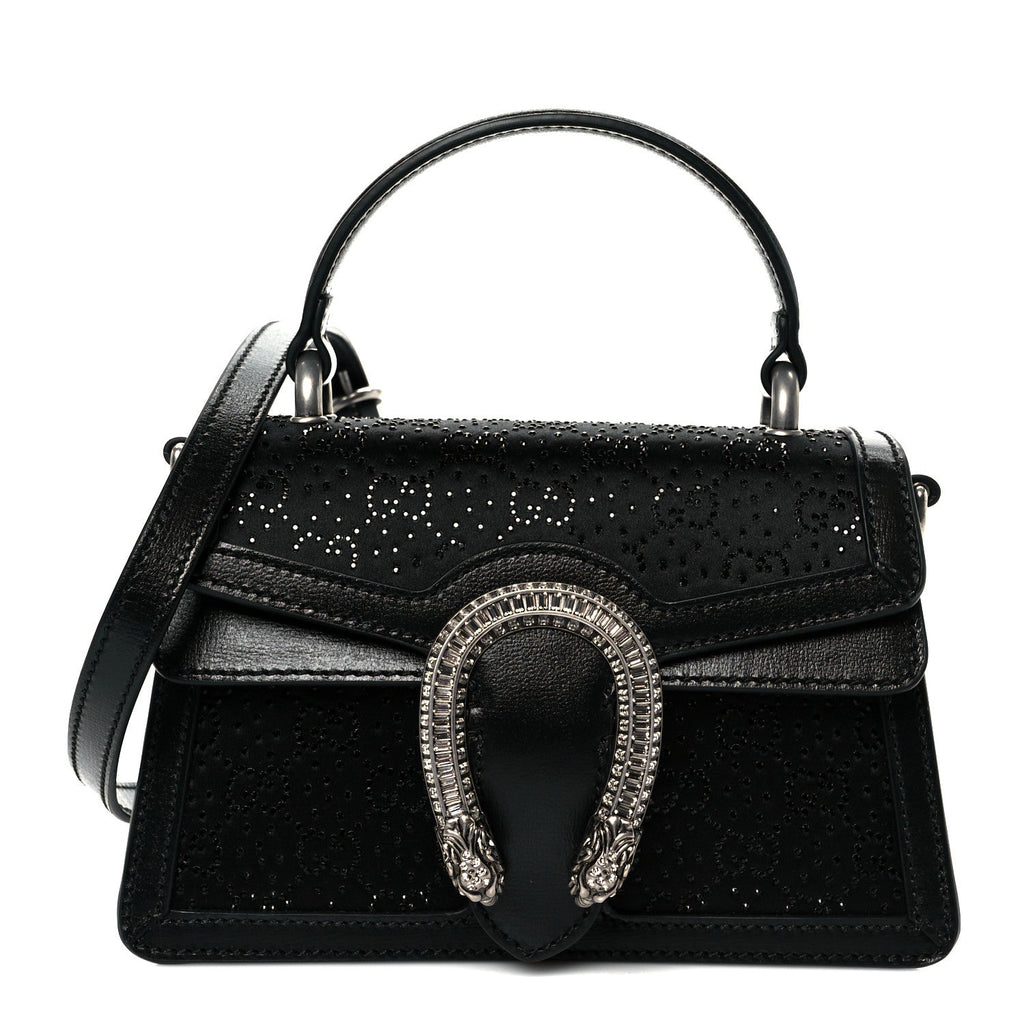 Satin Crystal GG Monogram Mini Dionysus Top Handle Bag Black