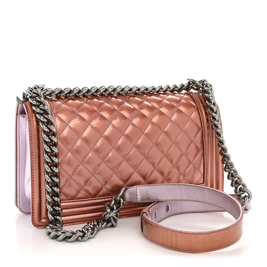 Metallic Patent Calfskin Quilted Medium Boy Flap Light Pink