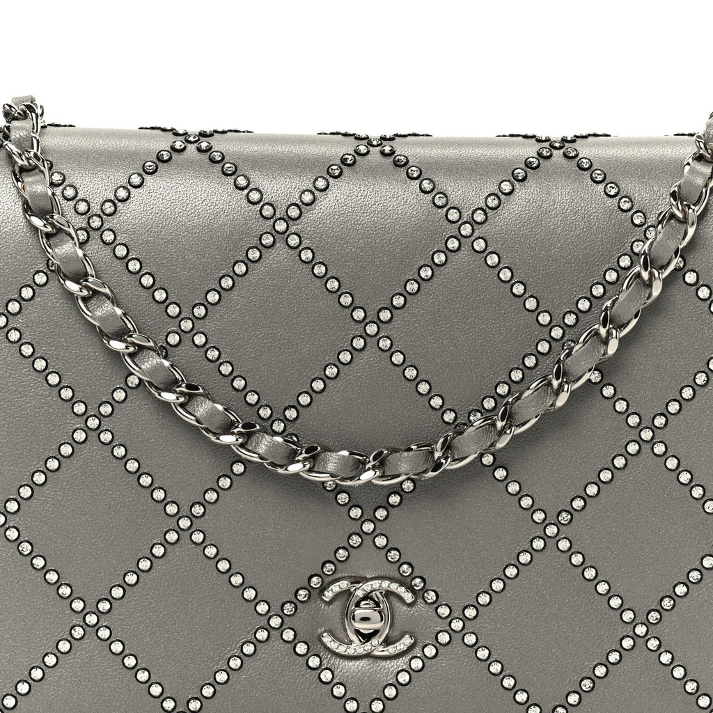 Lambskin Crystal Quilted Wallet On Chain WOC Grey