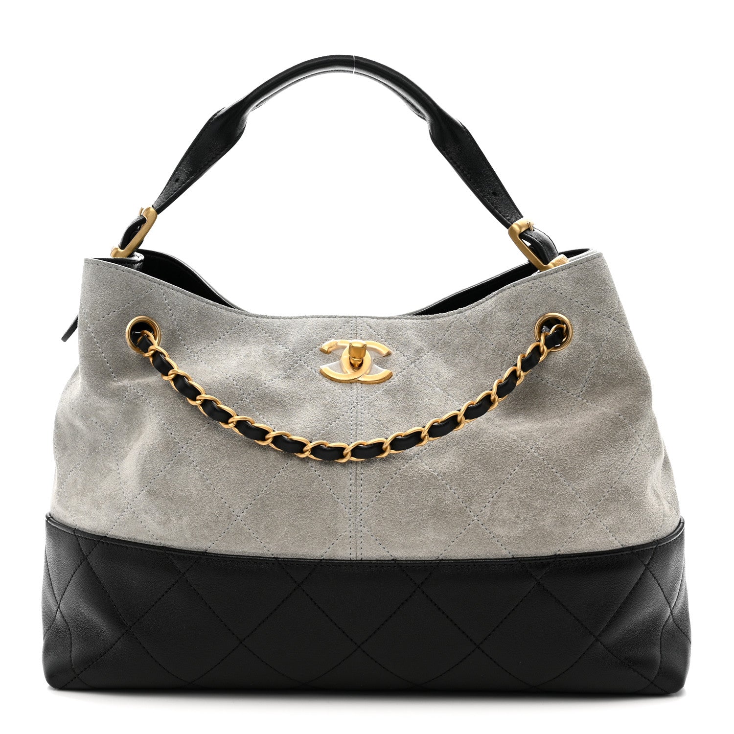 Suede Calfskin Shiny Lambskin Quilted Small Coco Base Shopping Bag Grey Black
