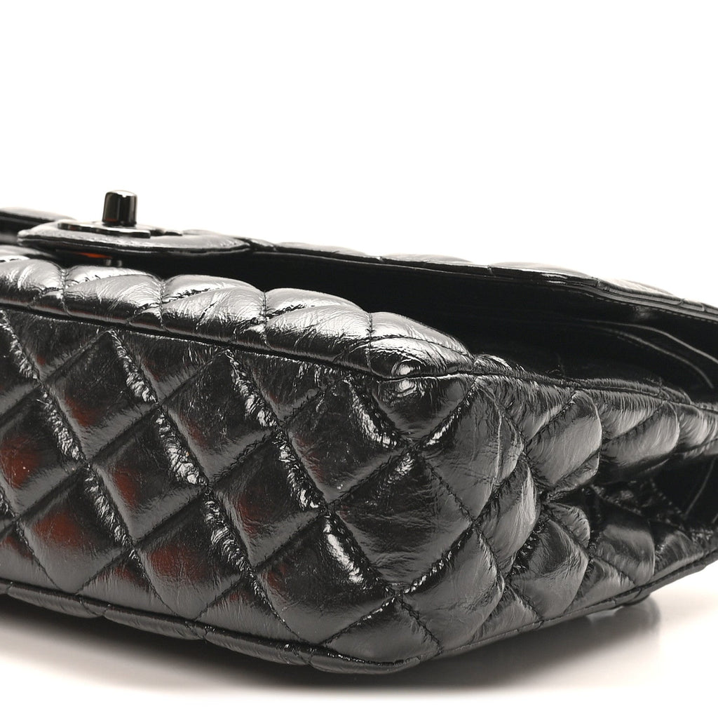 Shiny Crumpled Calfskin Quilted Medium Double Flap So Black