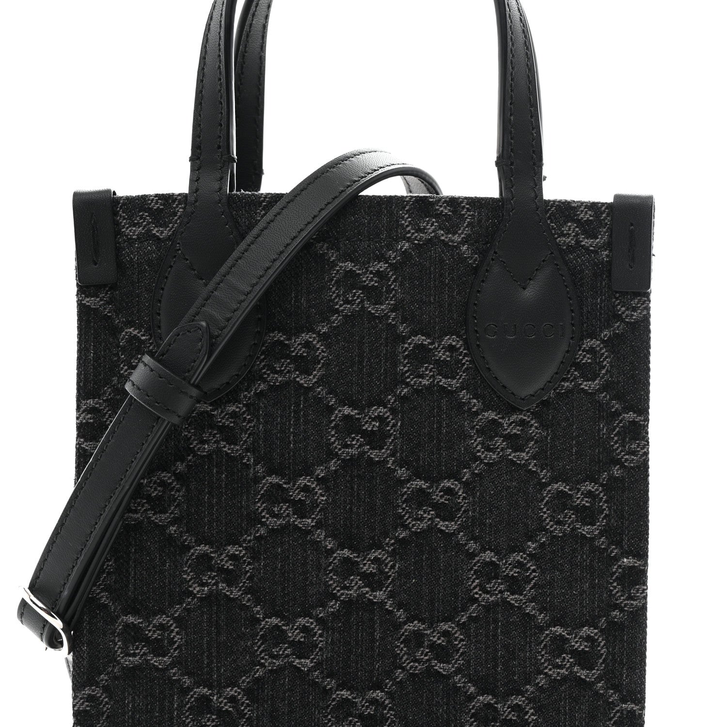Denim Cuoio Harness GG Monogram Mini Ophidia Tote Bag Black Medium Grey