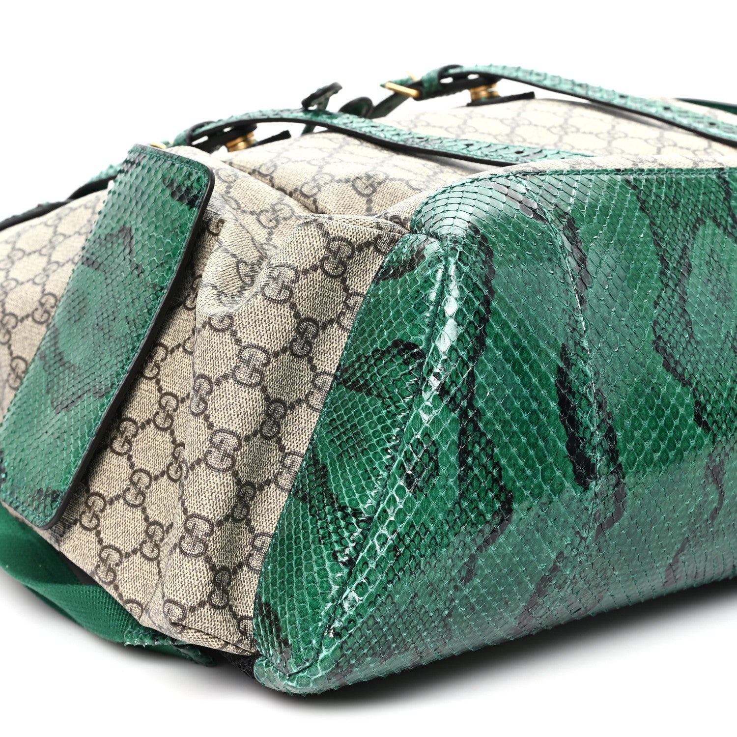 GG Supreme Monogram Snakeskin Ophidia Double Buckle Backpack Brown Green