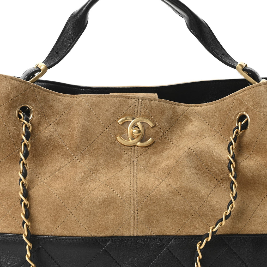 Suede Calfskin Shiny Lambskin Quilted Small Coco Base Shopping Bag Beige Black