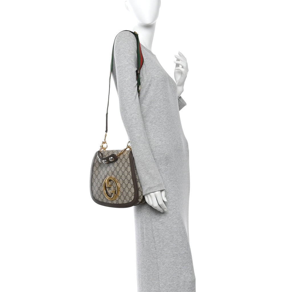 GG Supreme Monogram Textured Dollar Calfskin Web Medium Blondie Top Handle Shoulder Flap Bag Beige Ebony New Acero