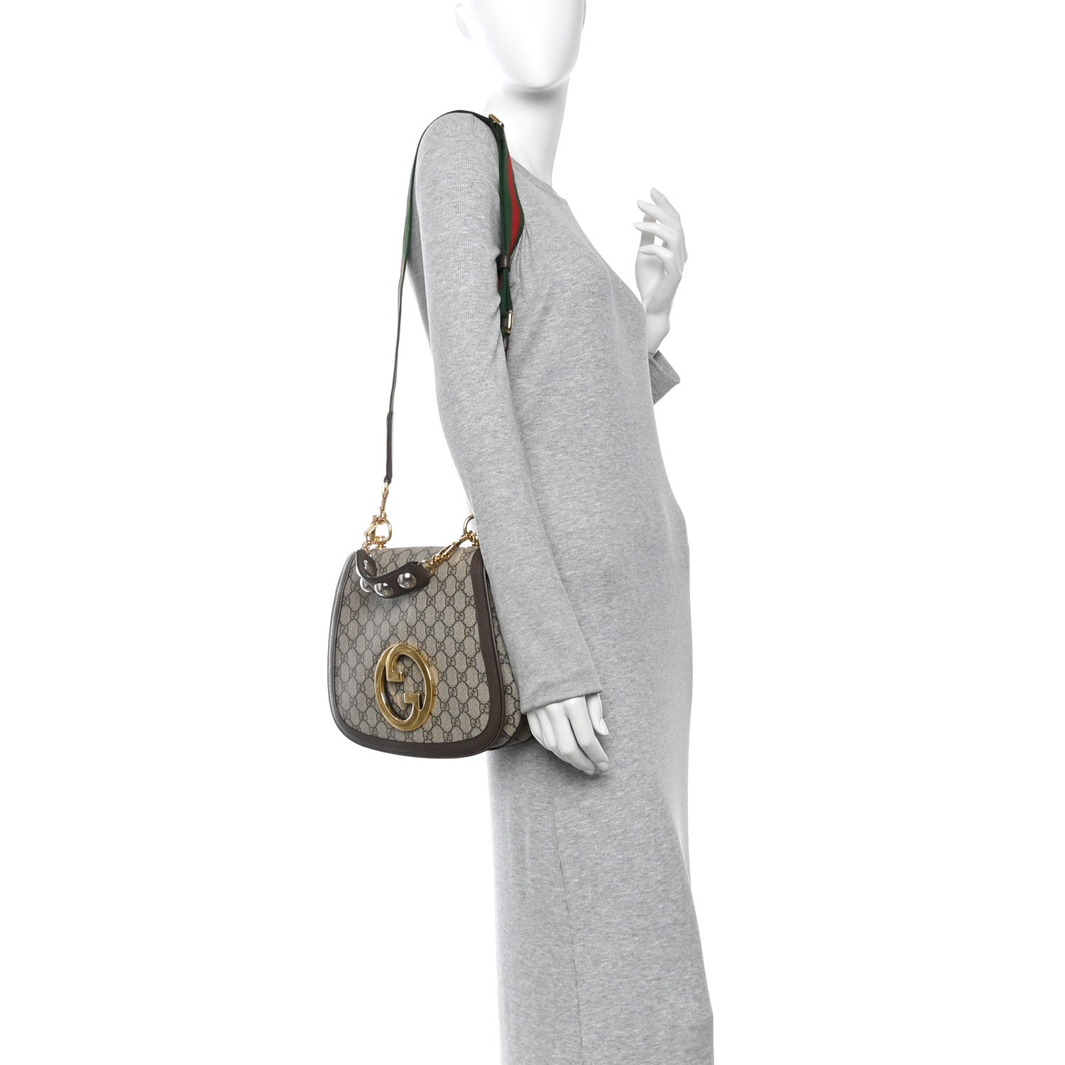 GG Supreme Monogram Textured Dollar Calfskin Web Medium Blondie Top Handle Shoulder Flap Bag Beige Ebony New Acero