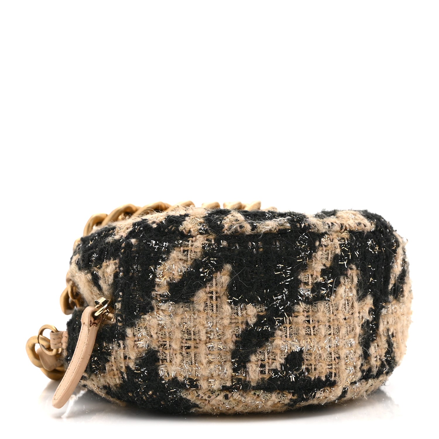 Wool Tweed Lambskin Quilted Chanel 19 Round Clutch With Chain and Coin Purse Beige Black