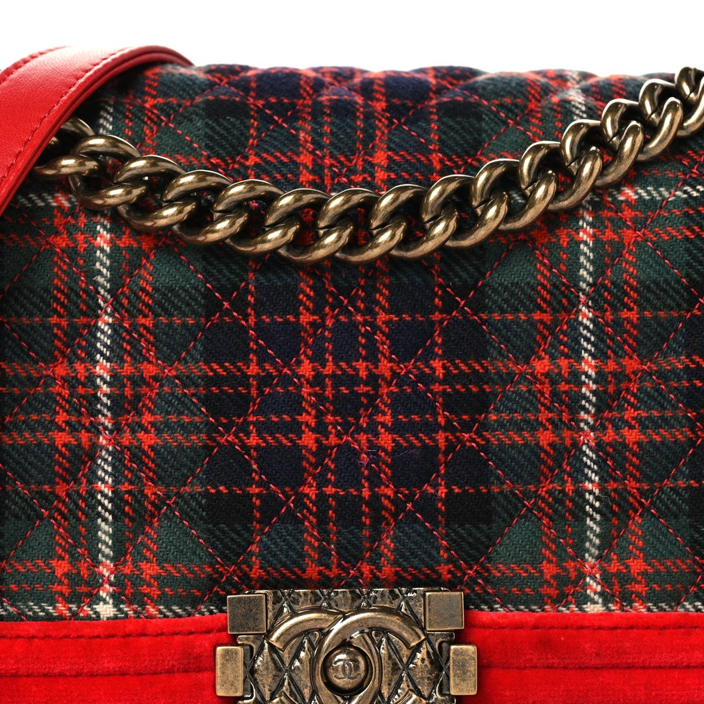 Velvet Plaid Tartan Quilted Medium Boy Flap Red