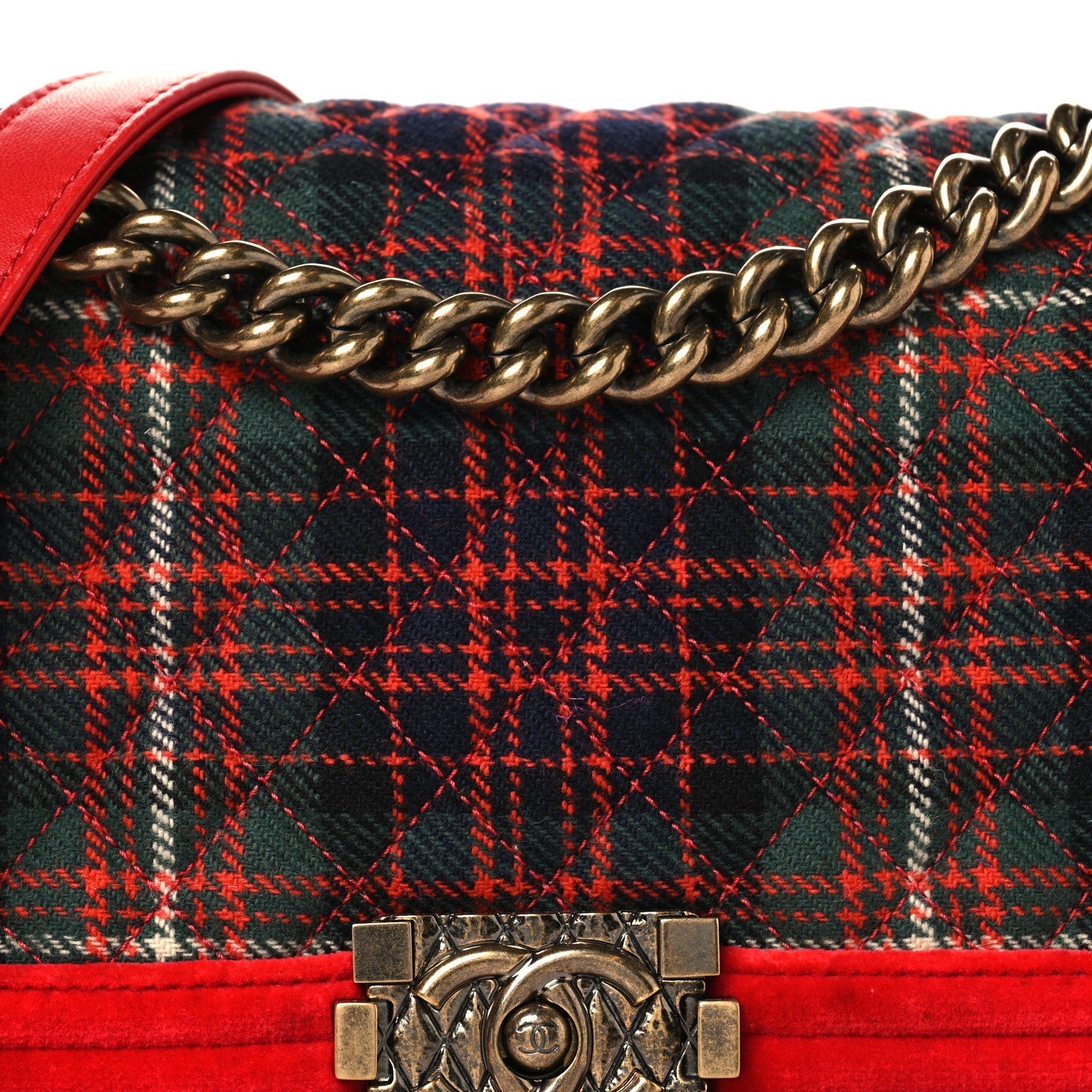 Velvet Plaid Tartan Quilted Medium Boy Flap Red