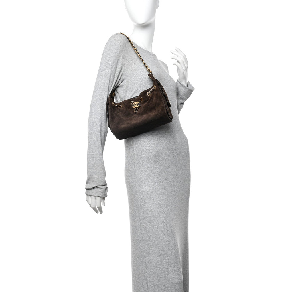 Suede Quilted Mini Chanel 25 Handbag Dark Brown