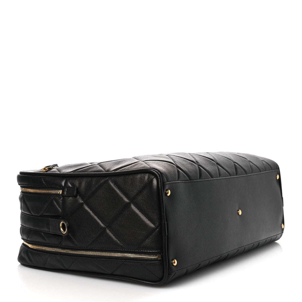 Shiny Grained Calfskin Quilted Large Travel Bowling Bag Black