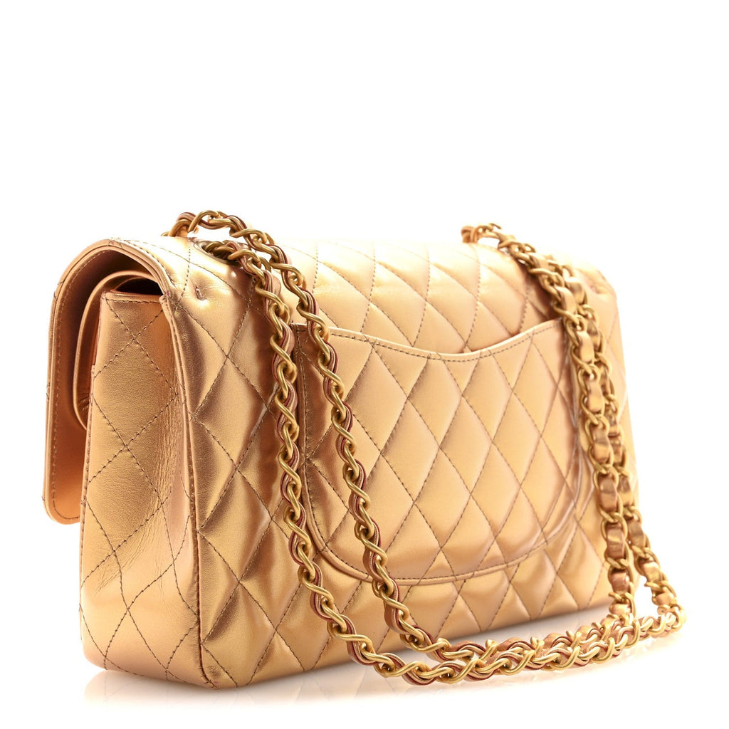 Metallic Lambskin Quilted Medium Double Flap Golden