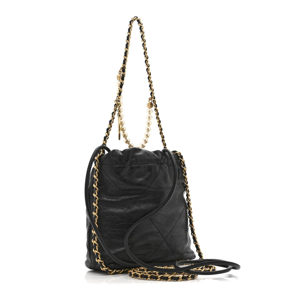 Shiny Crumpled Calfskin Quilted Pearl Mini Chanel 22 Black
