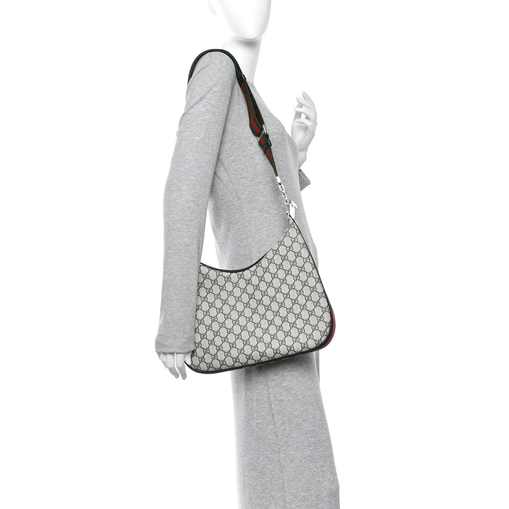 GG Supreme Monogram Textured Calfskin Web Large Attache Shoulder Bag Beige Blue