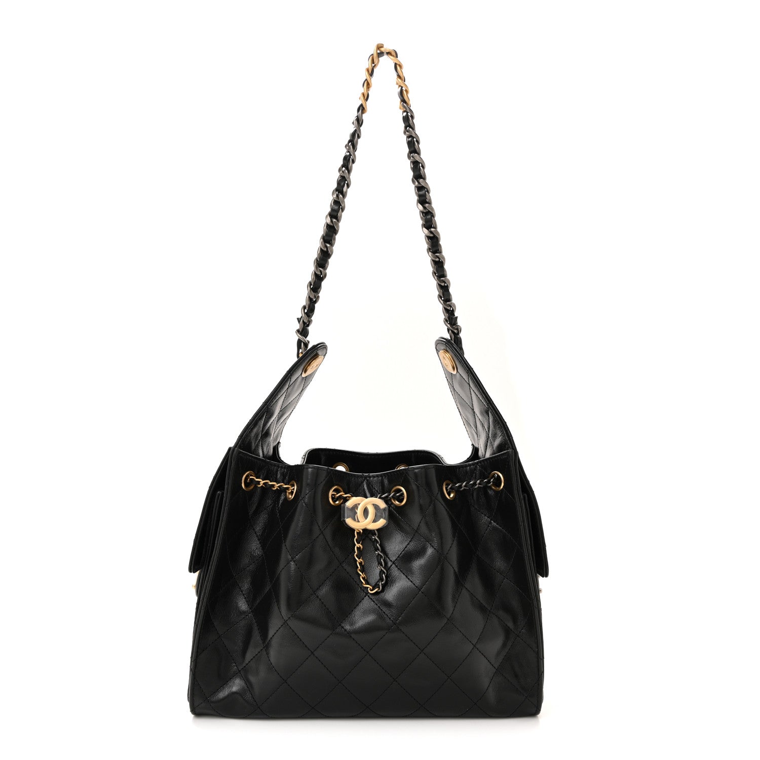 Shiny Crumpled Calfskin Quilted Small Chanel 25 Handbag Black