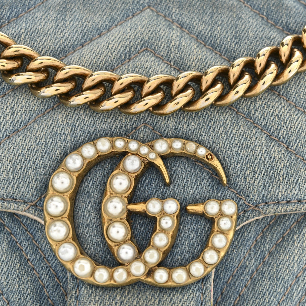 Denim Matelasse Mini Pearly GG Marmont Shoulder Bag Blue